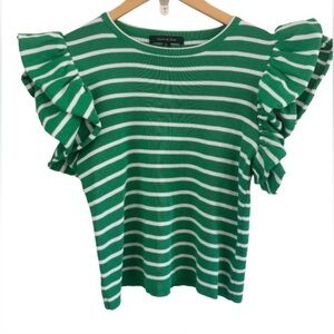 Strut & Bolt kelly grn & wht strp fluttr slv crop swtr WM M preppy colorful